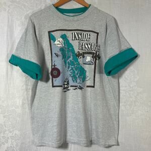 Inside Passage Alaska VTG T Shirt XL Gray Teal Roll Sleeve USA Single Stitch